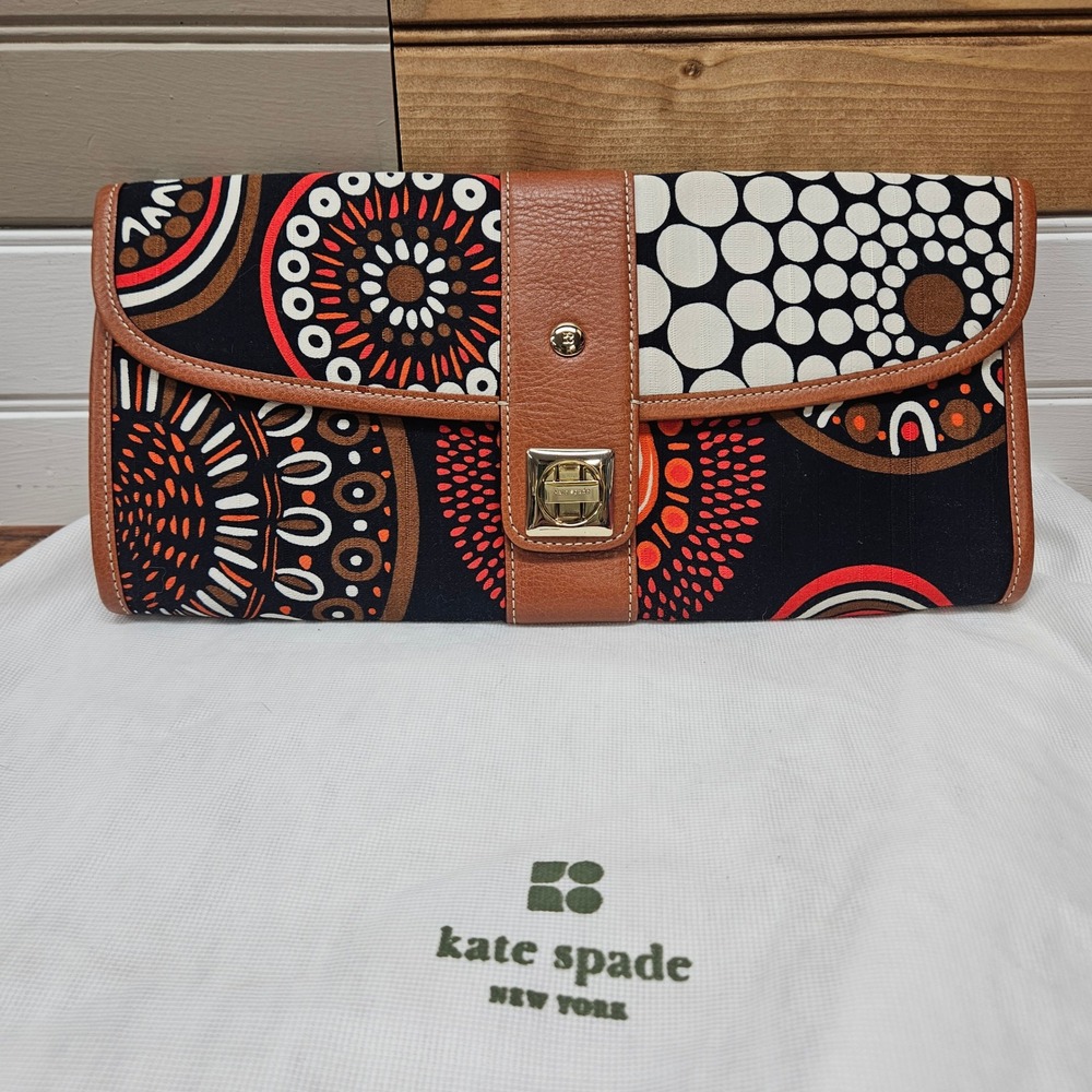 Kate Spade New York Canvas Leather Tribal Print Turnlock Clutch Bag Black Orange